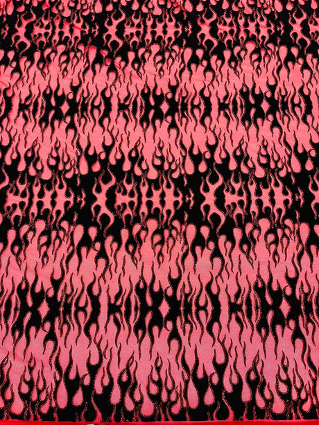Flocking Flame Power Mesh Power Mesh Fabric - Black Flocked Flames, Red Glitter Accents, 60" Width (1 Yard)