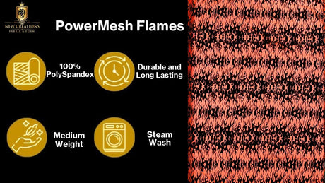 Flocking Flame Power Mesh Power Mesh Fabric - Black Flocked Flames, Red Glitter Accents, 60" Width (1 Yard)