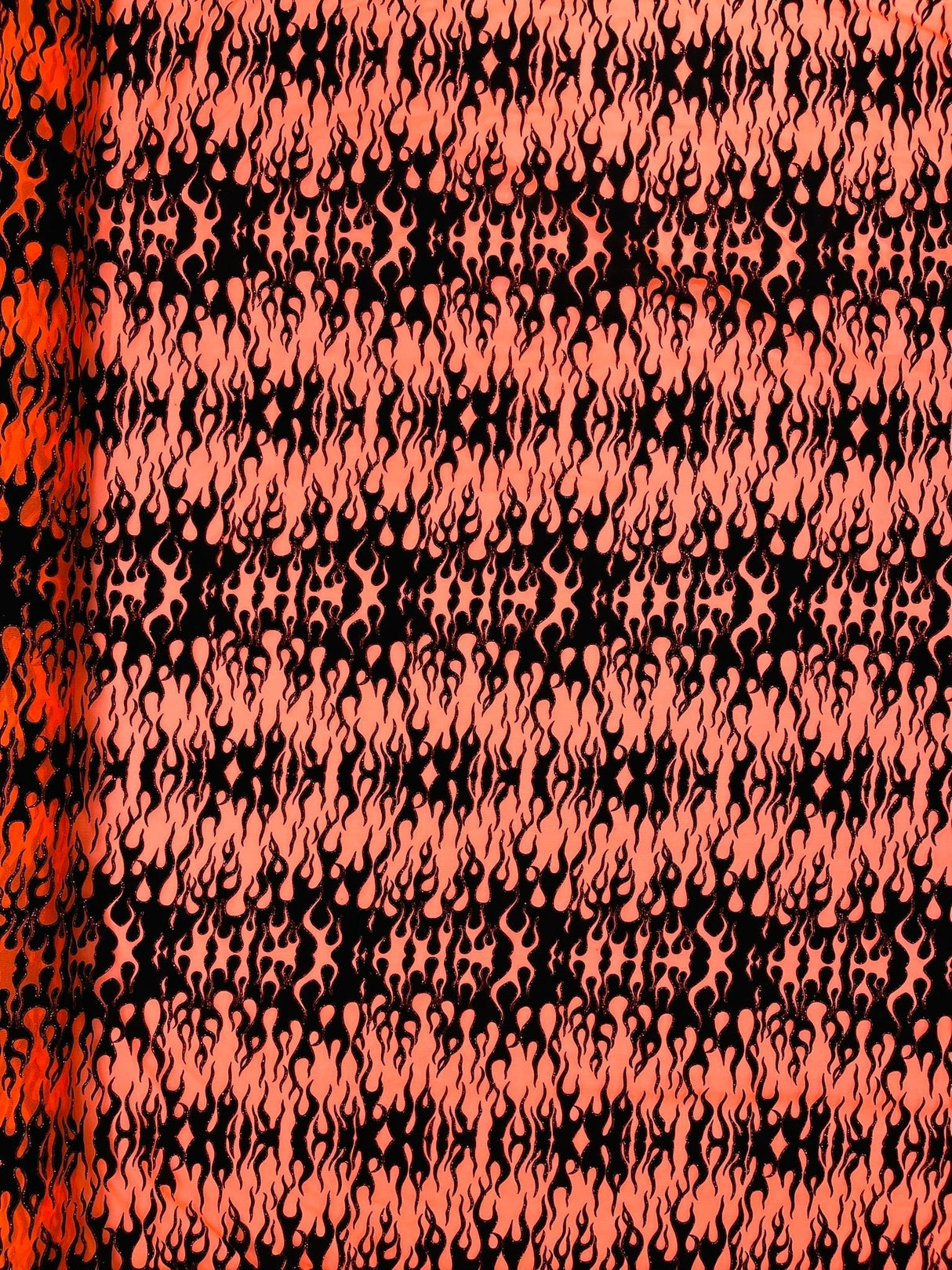 Flocking Flame Power Mesh Power Mesh Fabric - Black Flocked Flames, Red Glitter Accents, 60" Width (1 Yard)