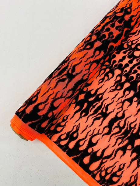 Flocking Flame Power Mesh Power Mesh Fabric - Black Flocked Flames, Red Glitter Accents, 60" Width (1 Yard)