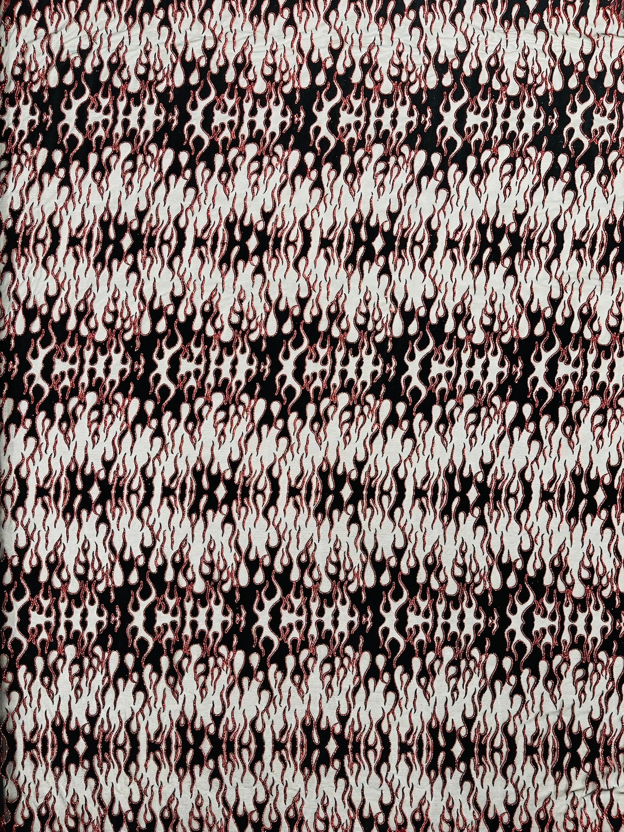 Flocking Flame Power Mesh Power Mesh Fabric - Black Flocked Flames, Red Glitter Accents, 60" Width (1 Yard)