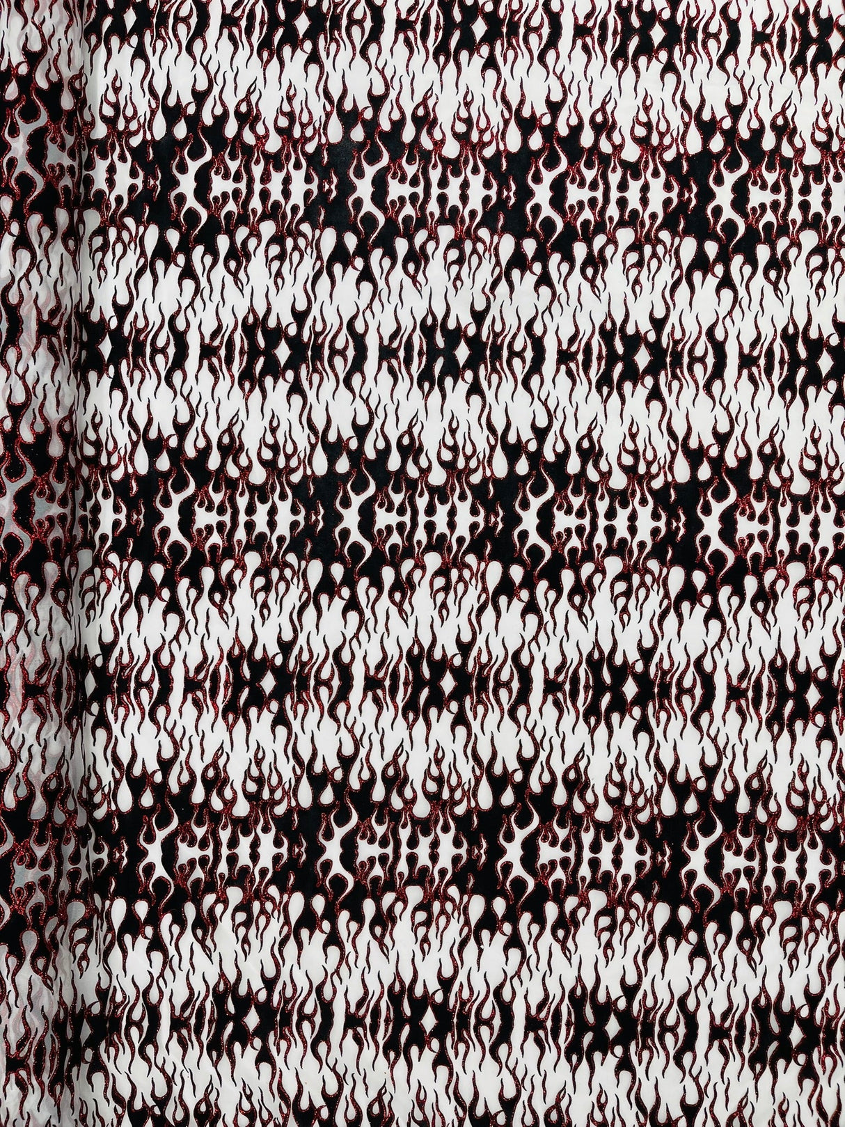 Flocking Flame Power Mesh Power Mesh Fabric - Black Flocked Flames, Red Glitter Accents, 60" Width (1 Yard)