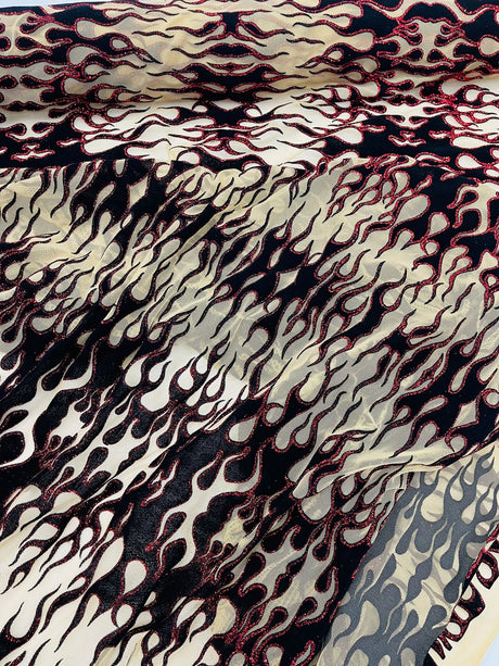 Flocking Flame Power Mesh Power Mesh Fabric - Black Flocked Flames, Red Glitter Accents, 60" Width (1 Yard)