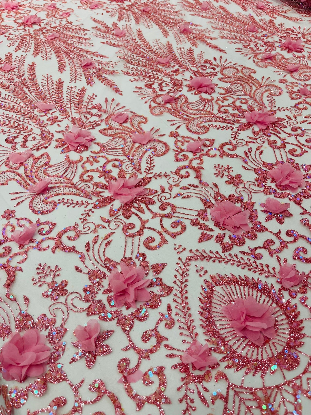 Floral 3D Palm Damask Mesh Lace Fabric - Glitter Embroidered Floral Damask, 48/50" Width, 36" Length (1 Yard)