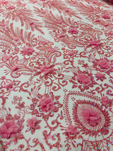 Floral 3D Palm Damask Mesh Lace Fabric - Glitter Embroidered Floral Damask, 48/50" Width, 36" Length (1 Yard)