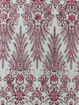 Floral 3D Palm Damask Mesh Lace Fabric - Glitter Embroidered Floral Damask, 48/50" Width, 36" Length (1 Yard)