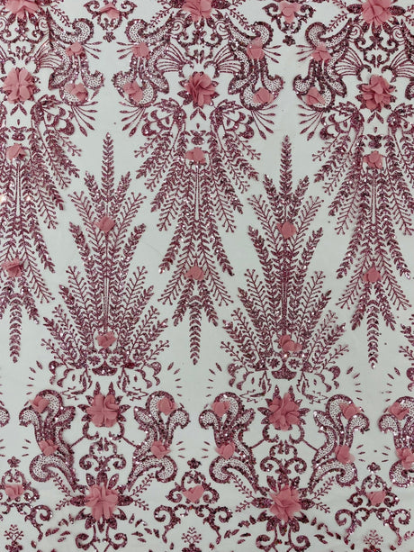 Floral 3D Palm Damask Mesh Lace Fabric - Glitter Embroidered Floral Damask, 48/50" Width, 36" Length (1 Yard)