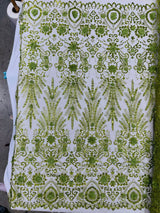 Floral 3D Palm Damask Mesh Lace Fabric - Glitter Embroidered Floral Damask, 48/50" Width, 36" Length (1 Yard)