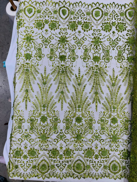Floral 3D Palm Damask Mesh Lace Fabric - Glitter Embroidered Floral Damask, 48/50" Width, 36" Length (1 Yard)