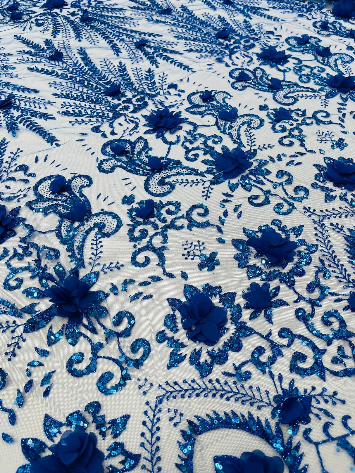 Floral 3D Palm Damask Mesh Lace Fabric - Glitter Embroidered Floral Damask, 48/50" Width, 36" Length (1 Yard)