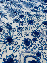 Floral 3D Palm Damask Mesh Lace Fabric - Glitter Embroidered Floral Damask, 48/50" Width, 36" Length (1 Yard)