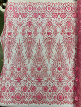 Floral 3D Palm Damask Mesh Lace Fabric - Glitter Embroidered Floral Damask, 48/50" Width, 36" Length (1 Yard)