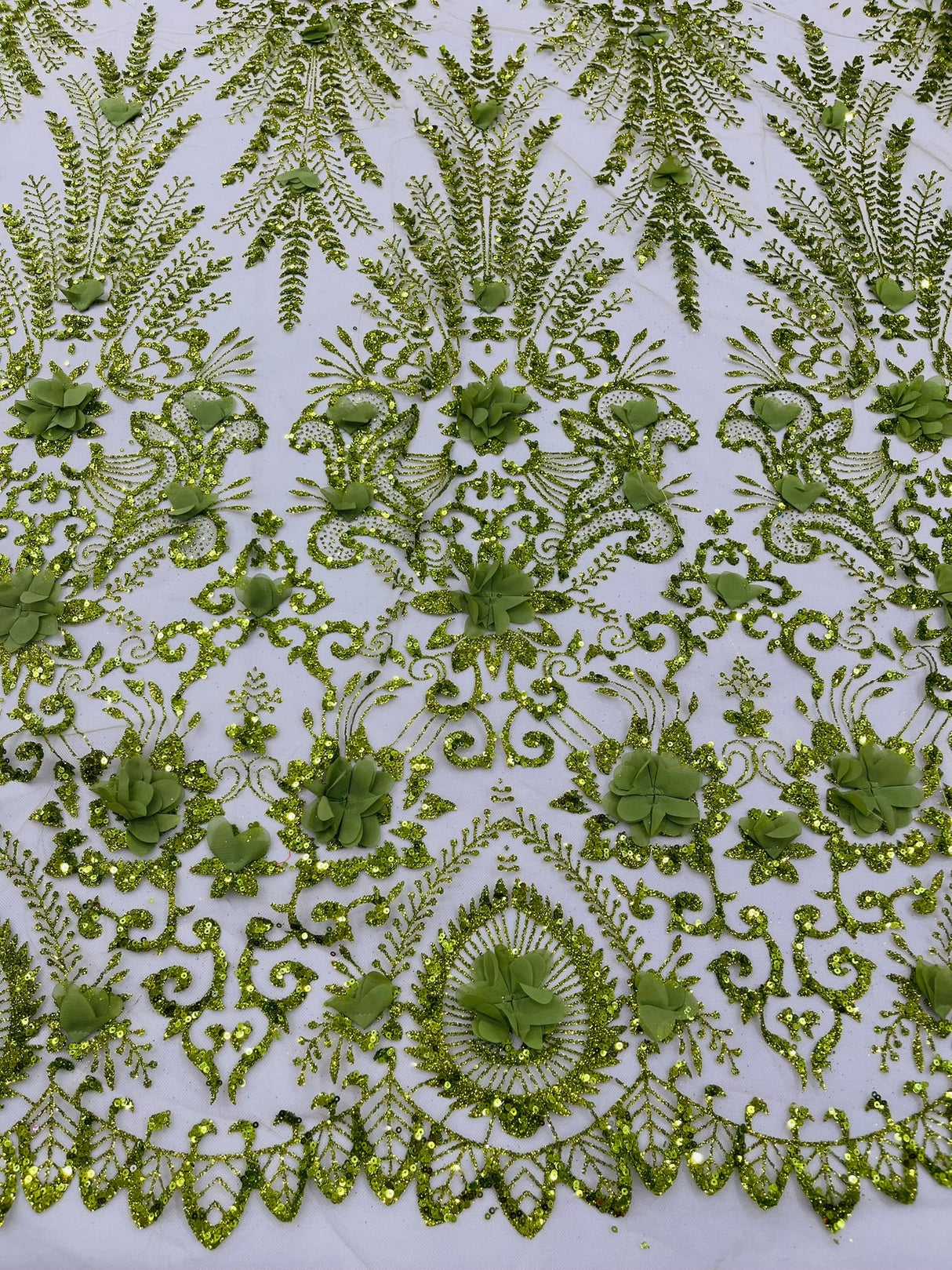 Floral 3D Palm Damask Mesh Lace Fabric - Glitter Embroidered Floral Damask, 48/50" Width, 36" Length (1 Yard)
