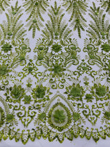 Floral 3D Palm Damask Mesh Lace Fabric - Glitter Embroidered Floral Damask, 48/50" Width, 36" Length (1 Yard)