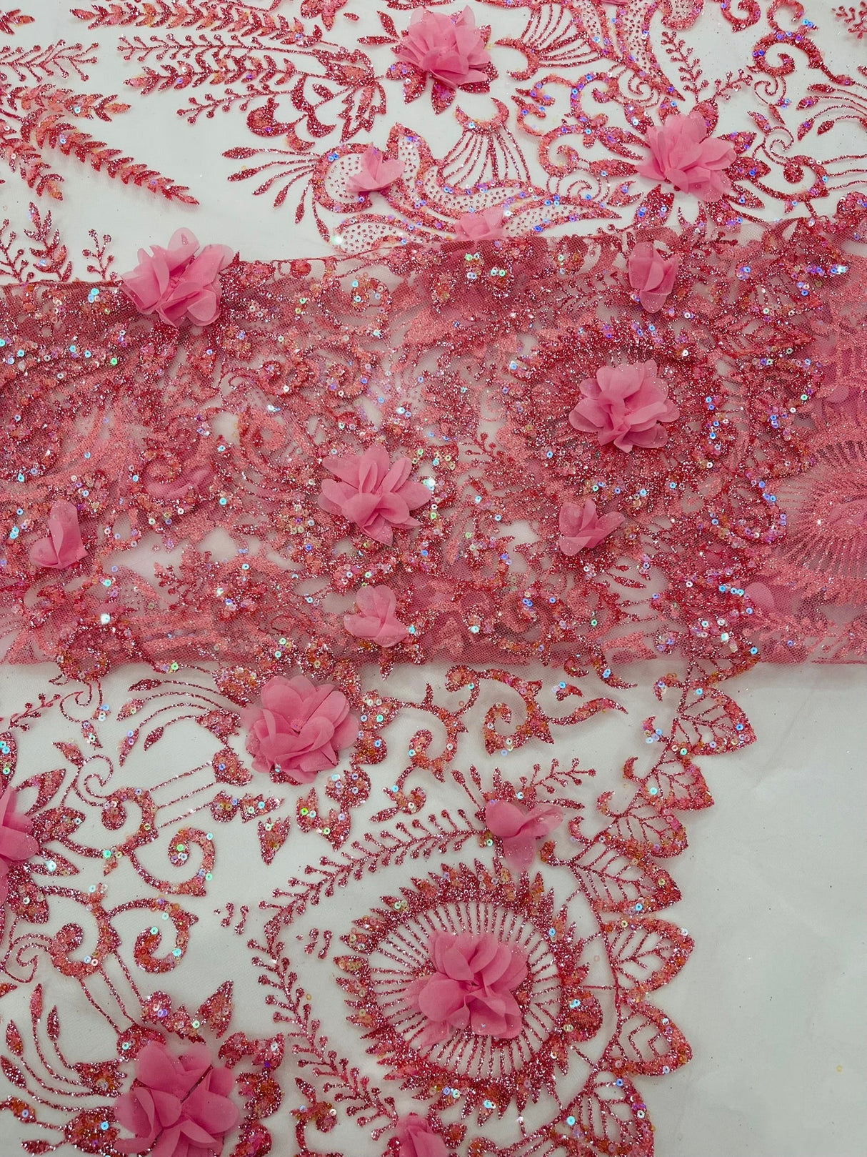 Floral 3D Palm Damask Mesh Lace Fabric - Glitter Embroidered Floral Damask, 48/50" Width, 36" Length (1 Yard)