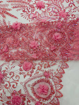 Floral 3D Palm Damask Mesh Lace Fabric - Glitter Embroidered Floral Damask, 48/50" Width, 36" Length (1 Yard)