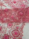 Floral 3D Palm Damask Mesh Lace Fabric - Glitter Embroidered Floral Damask, 48/50" Width, 36" Length (1 Yard)