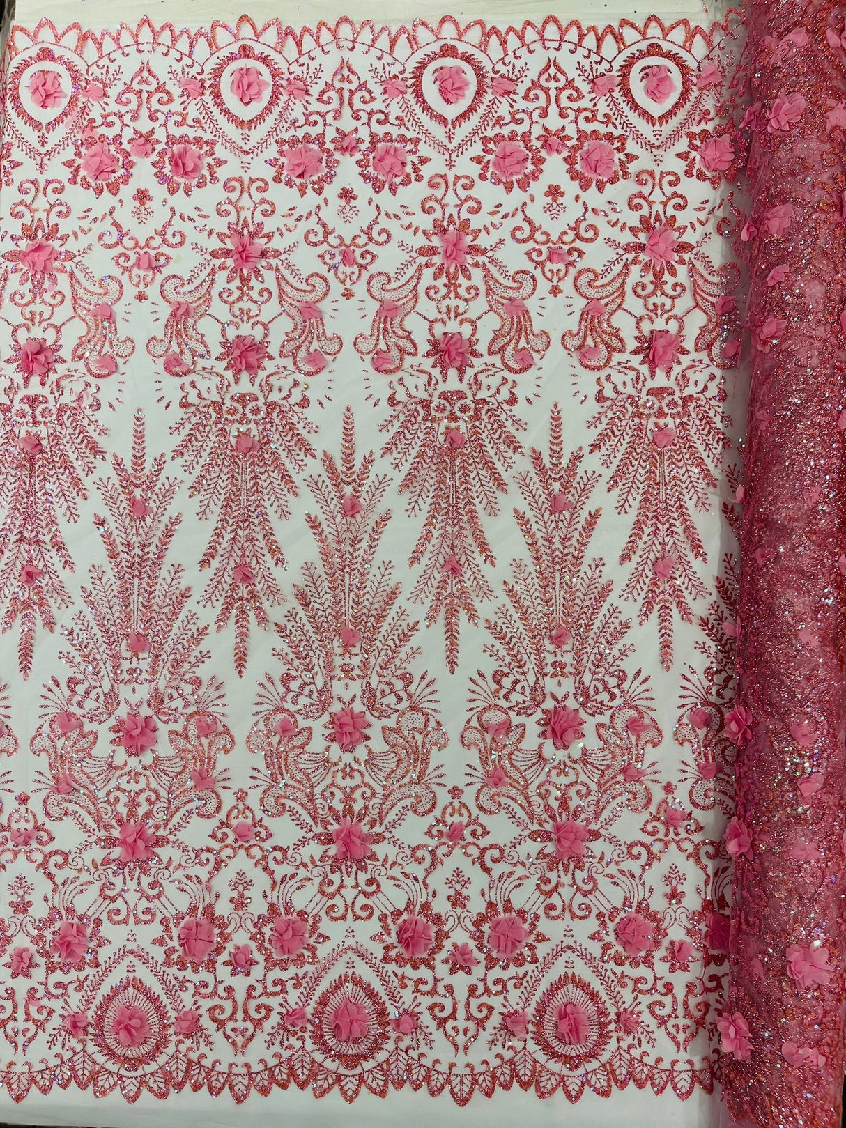 Floral 3D Palm Damask Mesh Lace Fabric - Glitter Embroidered Floral Damask, 48/50" Width, 36" Length (1 Yard)