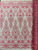 Floral 3D Palm Damask Mesh Lace Fabric - Glitter Embroidered Floral Damask, 48/50" Width, 36" Length (1 Yard)