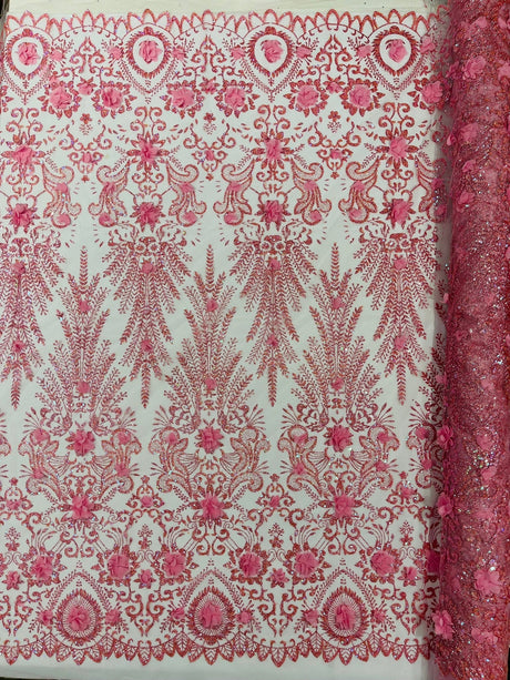 Floral 3D Palm Damask Mesh Lace Fabric - Glitter Embroidered Floral Damask, 48/50" Width, 36" Length (1 Yard)