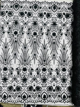 Floral 3D Palm Damask Mesh Lace Fabric - Glitter Embroidered Floral Damask, 48/50" Width, 36" Length (1 Yard)