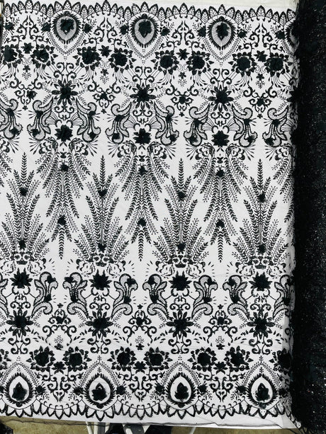 Floral 3D Palm Damask Mesh Lace Fabric - Glitter Embroidered Floral Damask, 48/50" Width, 36" Length (1 Yard)