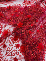 Floral 3D Palm Damask Mesh Lace Fabric - Glitter Embroidered Floral Damask, 48/50" Width, 36" Length (1 Yard)
