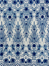 Floral 3D Palm Damask Mesh Lace Fabric - Glitter Embroidered Floral Damask, 48/50" Width, 36" Length (1 Yard)