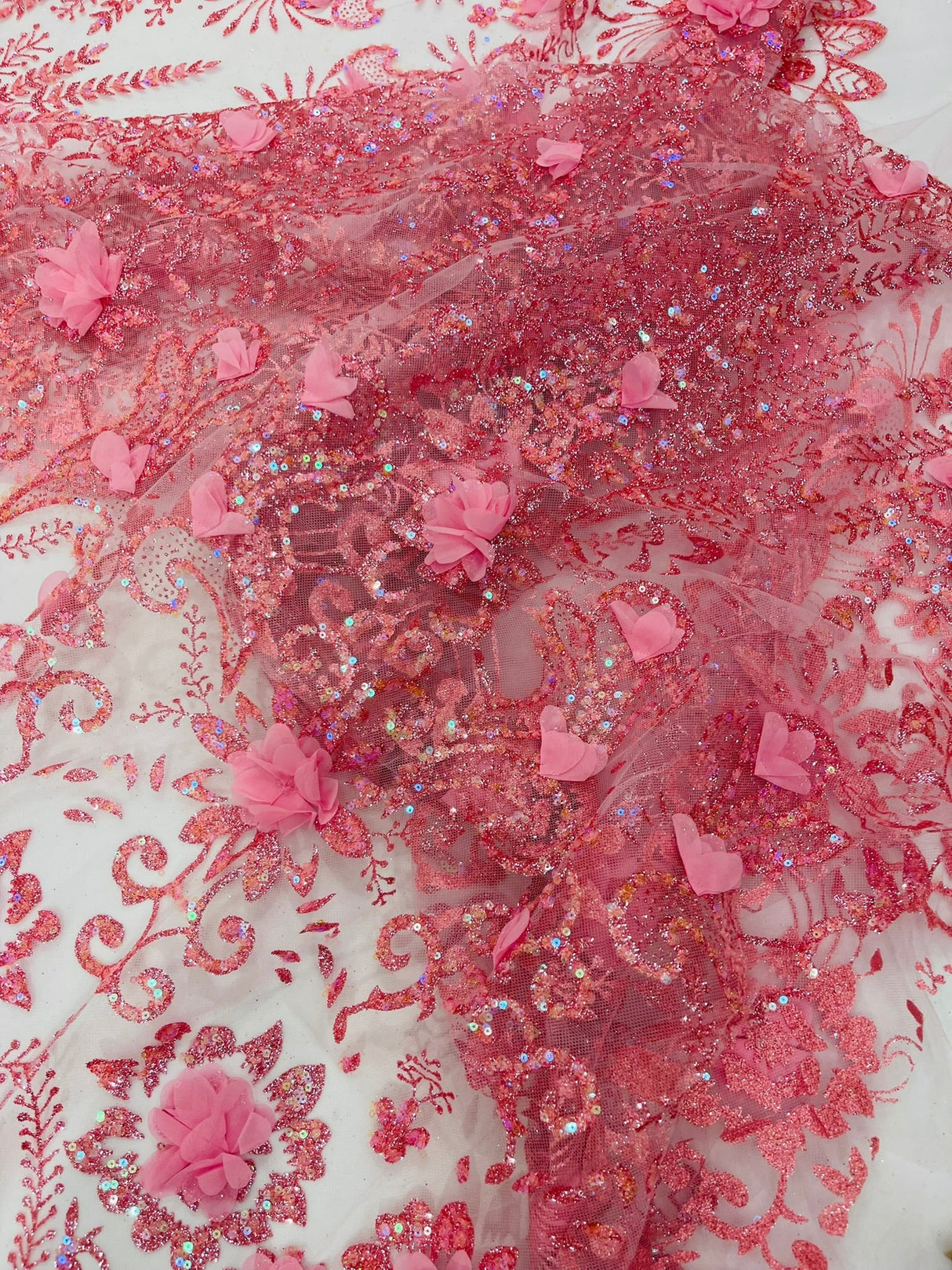 Floral 3D Palm Damask Mesh Lace Fabric - Glitter Embroidered Floral Damask, 48/50" Width, 36" Length (1 Yard)