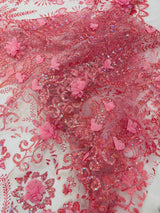 Floral 3D Palm Damask Mesh Lace Fabric - Glitter Embroidered Floral Damask, 48/50" Width, 36" Length (1 Yard)