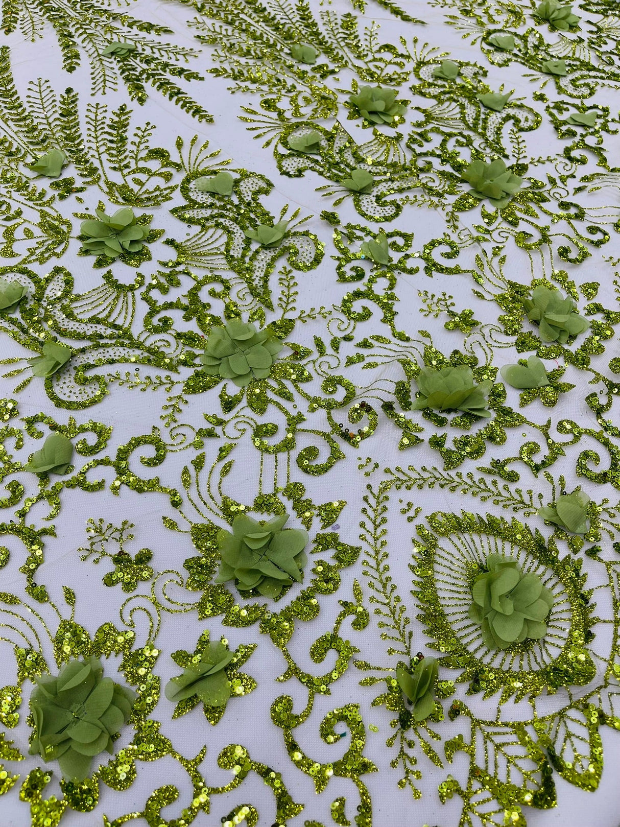 Floral 3D Palm Damask Mesh Lace Fabric - Glitter Embroidered Floral Damask, 48/50" Width, 36" Length (1 Yard)