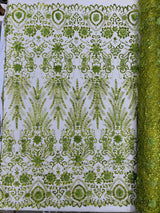 Floral 3D Palm Damask Mesh Lace Fabric - Glitter Embroidered Floral Damask, 48/50" Width, 36" Length (1 Yard)