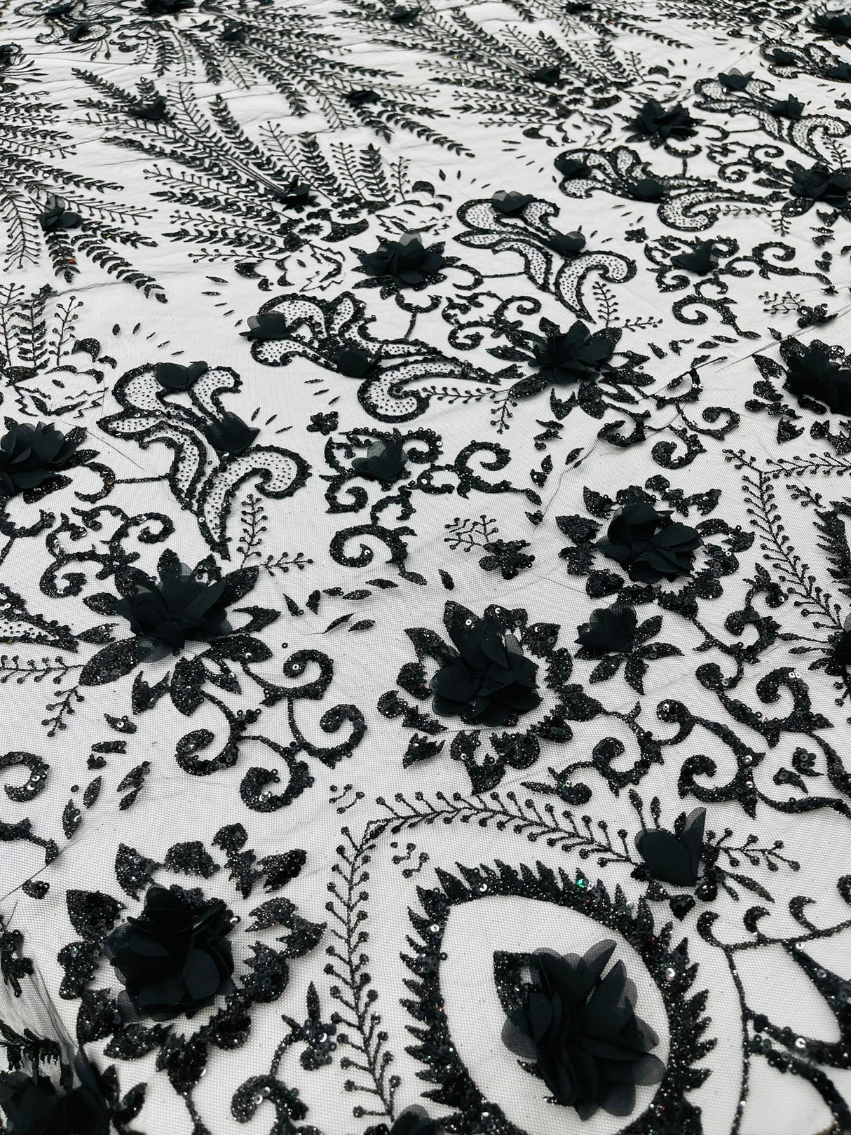 Floral 3D Palm Damask Mesh Lace Fabric - Glitter Embroidered Floral Damask, 48/50" Width, 36" Length (1 Yard)