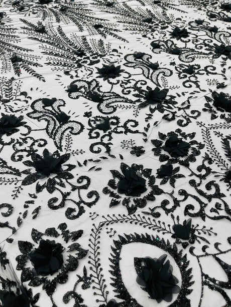Floral 3D Palm Damask Mesh Lace Fabric - Glitter Embroidered Floral Damask, 48/50" Width, 36" Length (1 Yard)