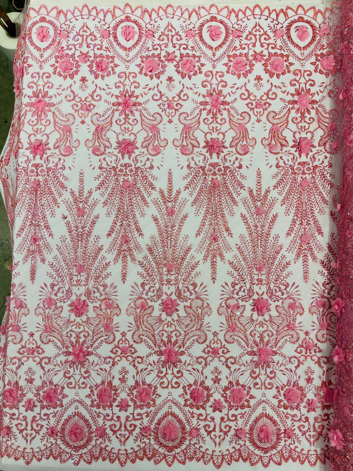 Floral 3D Palm Damask Mesh Lace Fabric - Glitter Embroidered Floral Damask, 48/50" Width, 36" Length (1 Yard)