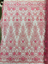 Floral 3D Palm Damask Mesh Lace Fabric - Glitter Embroidered Floral Damask, 48/50" Width, 36" Length (1 Yard)