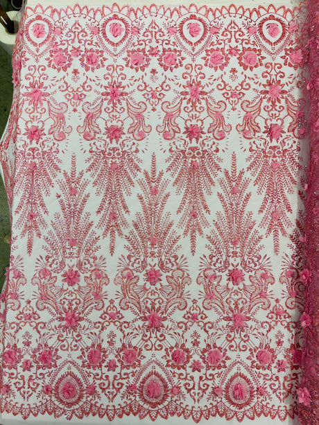 Floral 3D Palm Damask Mesh Lace Fabric - Glitter Embroidered Floral Damask, 48/50" Width, 36" Length (1 Yard)