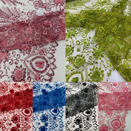 Floral 3D Palm Damask Mesh Lace Fabric - Glitter Embroidered Floral Damask, 48/50" Width, 36" Length (1 Yard)