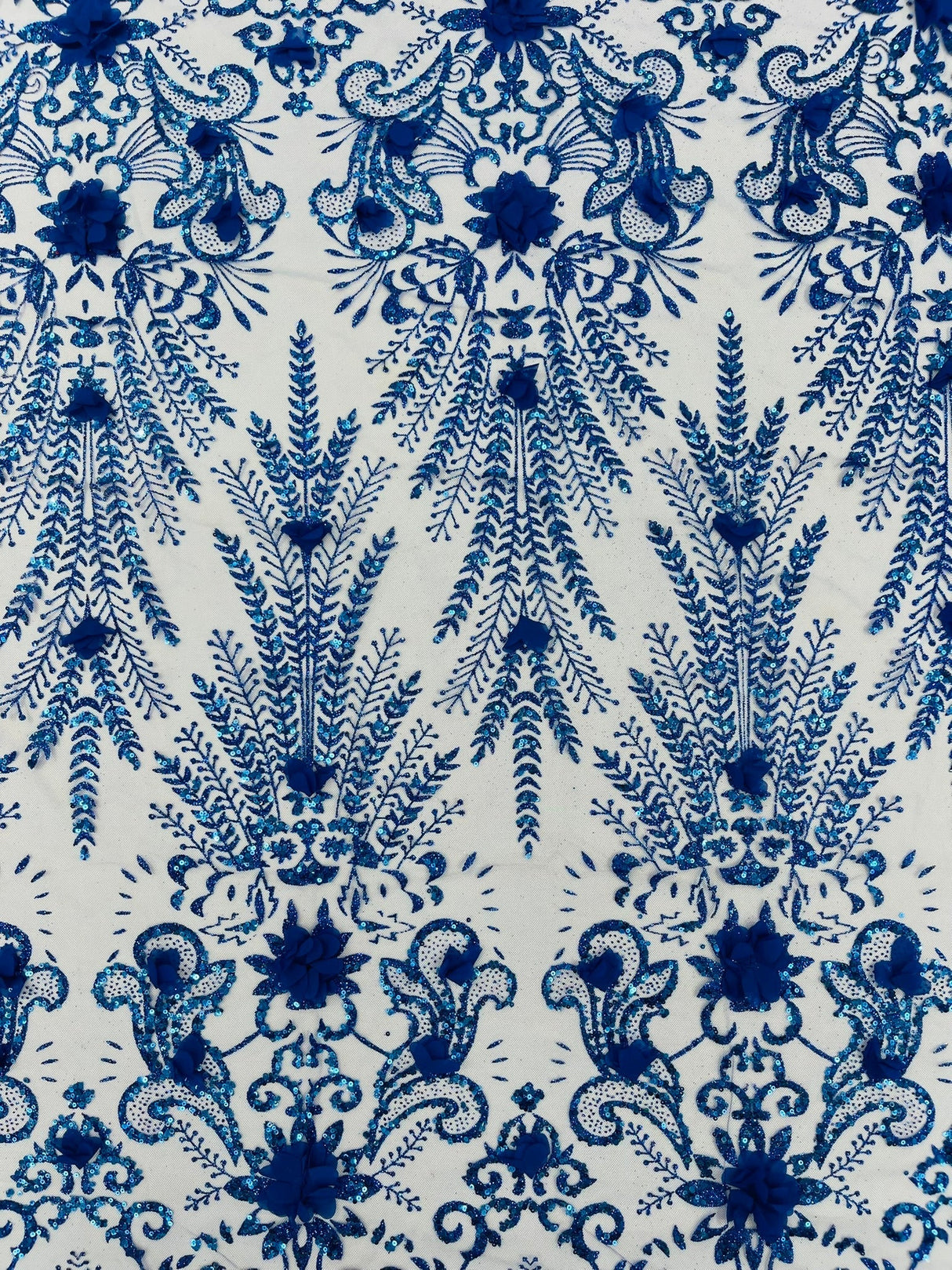 Floral 3D Palm Damask Mesh Lace Fabric - Glitter Embroidered Floral Damask, 48/50" Width, 36" Length (1 Yard)