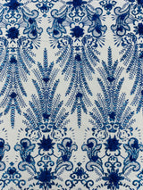 Floral 3D Palm Damask Mesh Lace Fabric - Glitter Embroidered Floral Damask, 48/50" Width, 36" Length (1 Yard)