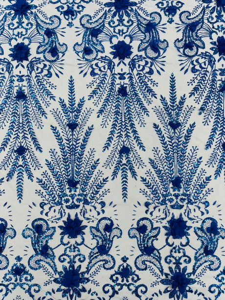 Floral 3D Palm Damask Mesh Lace Fabric - Glitter Embroidered Floral Damask, 48/50" Width, 36" Length (1 Yard)