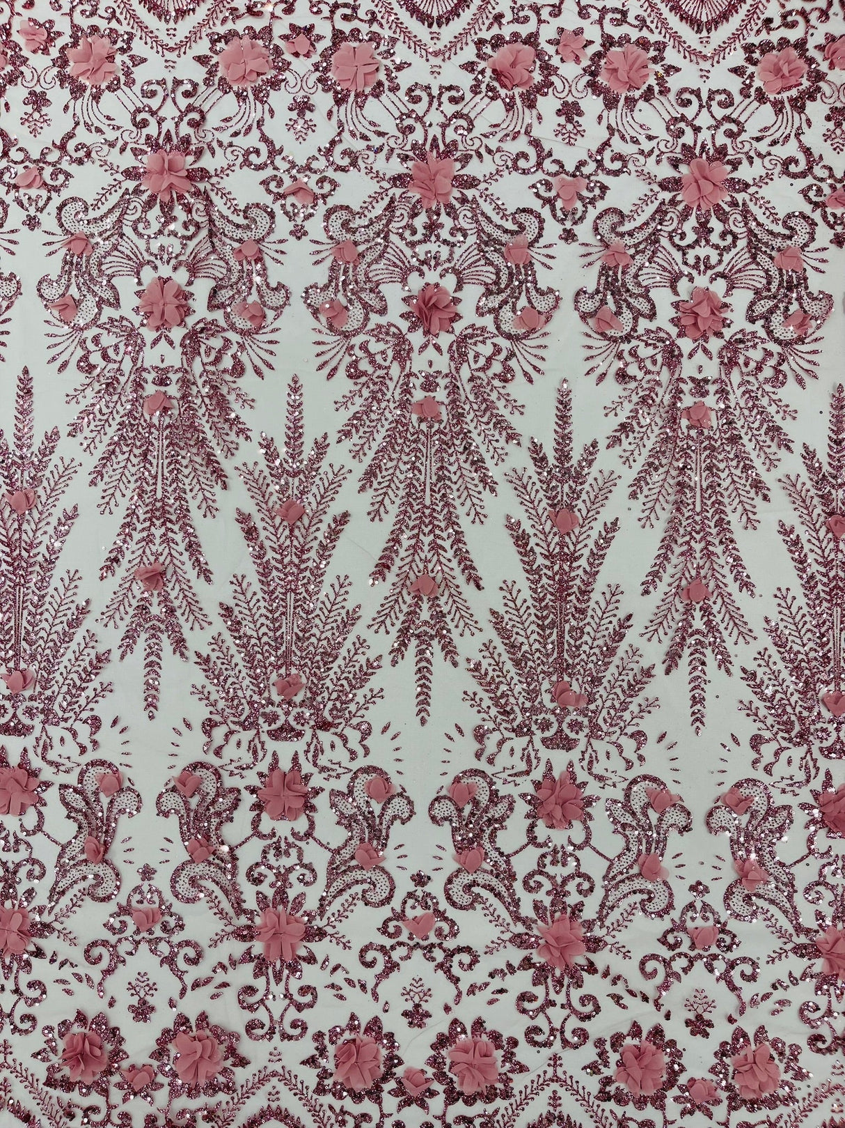 Floral 3D Palm Damask Mesh Lace Fabric - Glitter Embroidered Floral Damask, 48/50" Width, 36" Length (1 Yard)