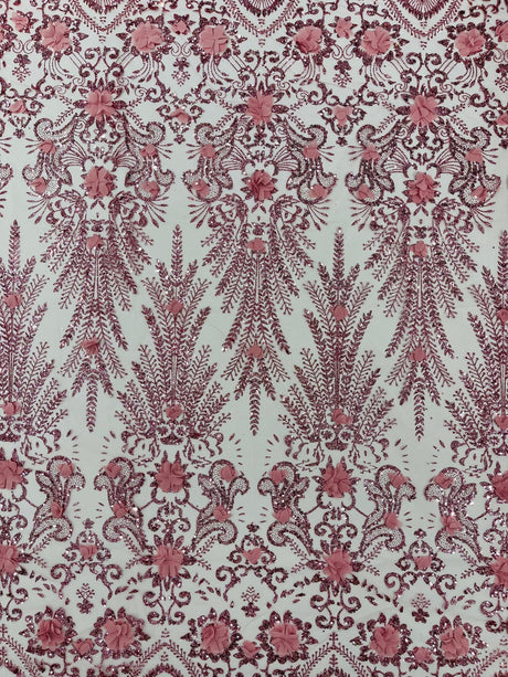 Floral 3D Palm Damask Mesh Lace Fabric - Glitter Embroidered Floral Damask, 48/50" Width, 36" Length (1 Yard)