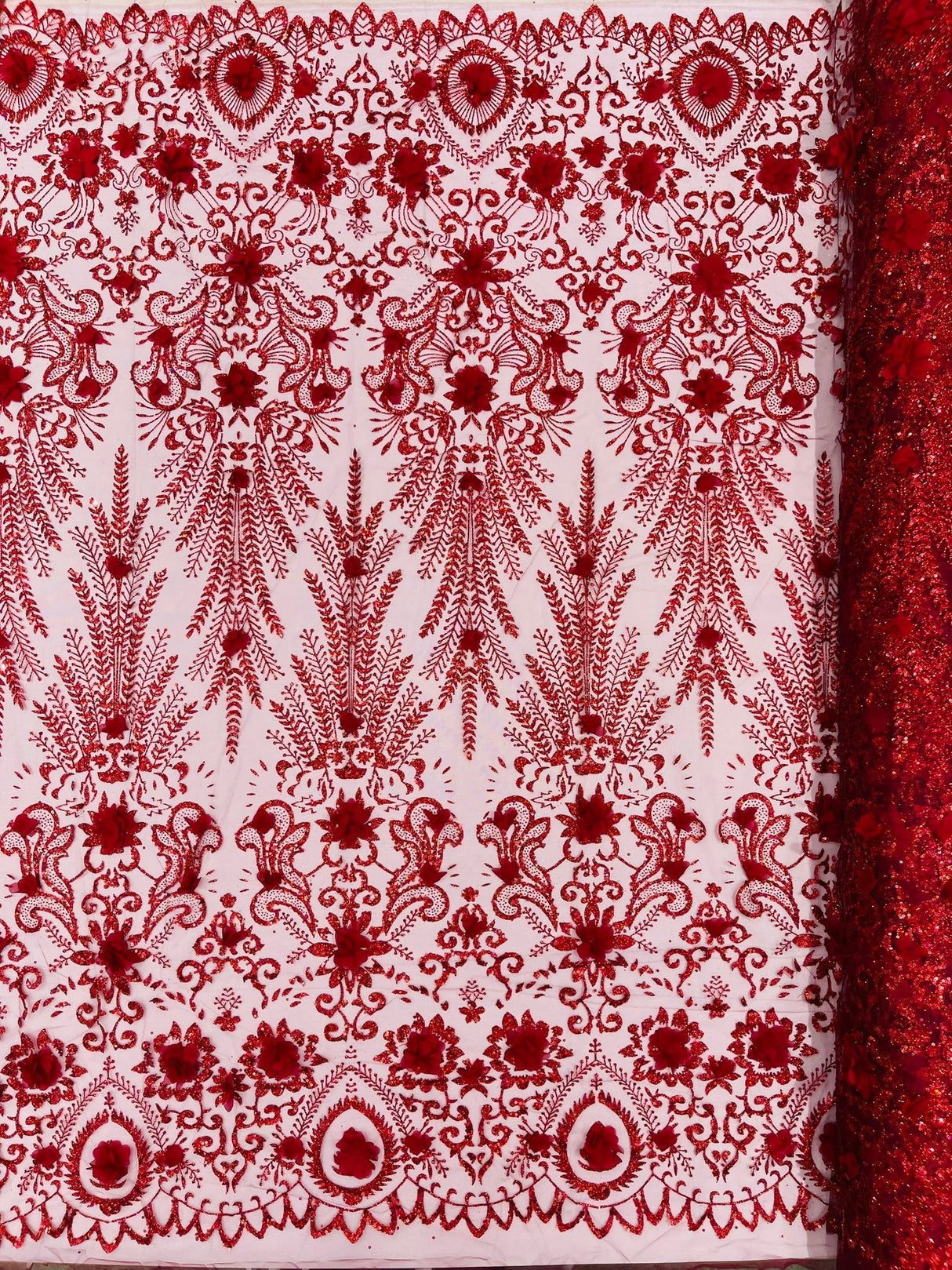 Floral 3D Palm Damask Mesh Lace Fabric - Glitter Embroidered Floral Damask, 48/50" Width, 36" Length (1 Yard)