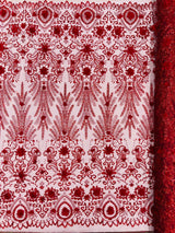 Floral 3D Palm Damask Mesh Lace Fabric - Glitter Embroidered Floral Damask, 48/50" Width, 36" Length (1 Yard)