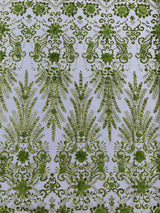 Floral 3D Palm Damask Mesh Lace Fabric - Glitter Embroidered Floral Damask, 48/50" Width, 36" Length (1 Yard)