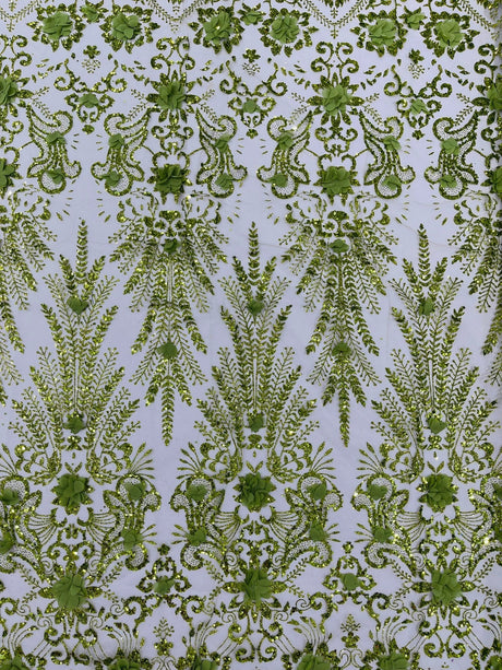 Floral 3D Palm Damask Mesh Lace Fabric - Glitter Embroidered Floral Damask, 48/50" Width, 36" Length (1 Yard)