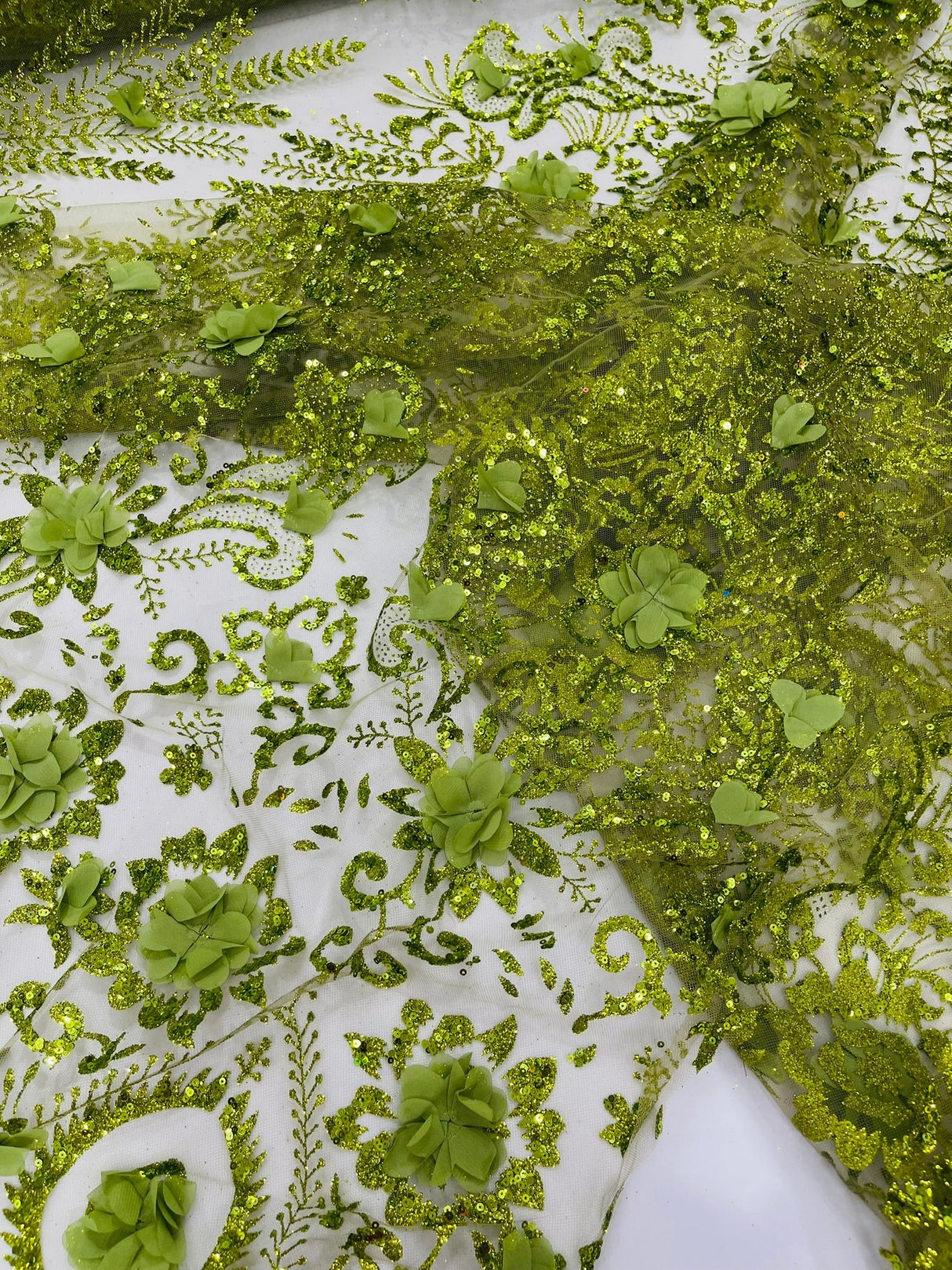 Floral 3D Palm Damask Mesh Lace Fabric - Glitter Embroidered Floral Damask, 48/50" Width, 36" Length (1 Yard)