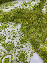 Floral 3D Palm Damask Mesh Lace Fabric - Glitter Embroidered Floral Damask, 48/50" Width, 36" Length (1 Yard)