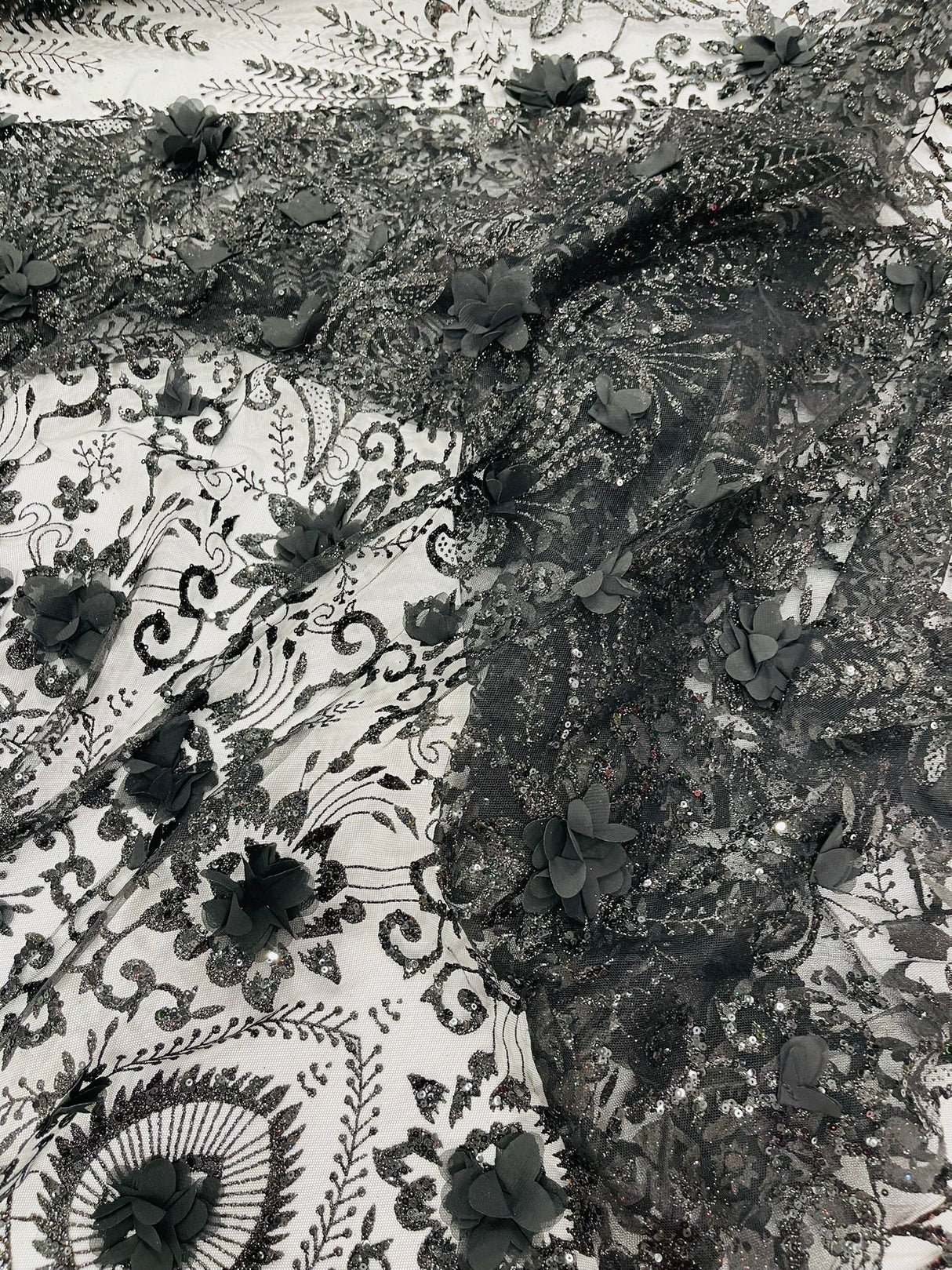 Floral 3D Palm Damask Mesh Lace Fabric - Glitter Embroidered Floral Damask, 48/50" Width, 36" Length (1 Yard)